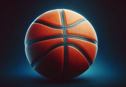 Close-up of an orange basketball with black seams, illuminated by dramatic lighting against a dark gradient background.