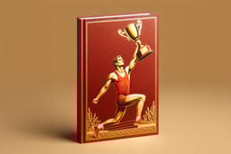 Red hardcover book with embossed gold illustration of an athlete kneeling and raising a trophy, against a warm beige background.