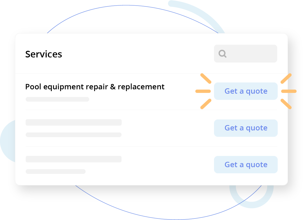 UI mockup of a services list with a highlighted 'Get a quote' button next to 'Pool equipment repair & replacement.'