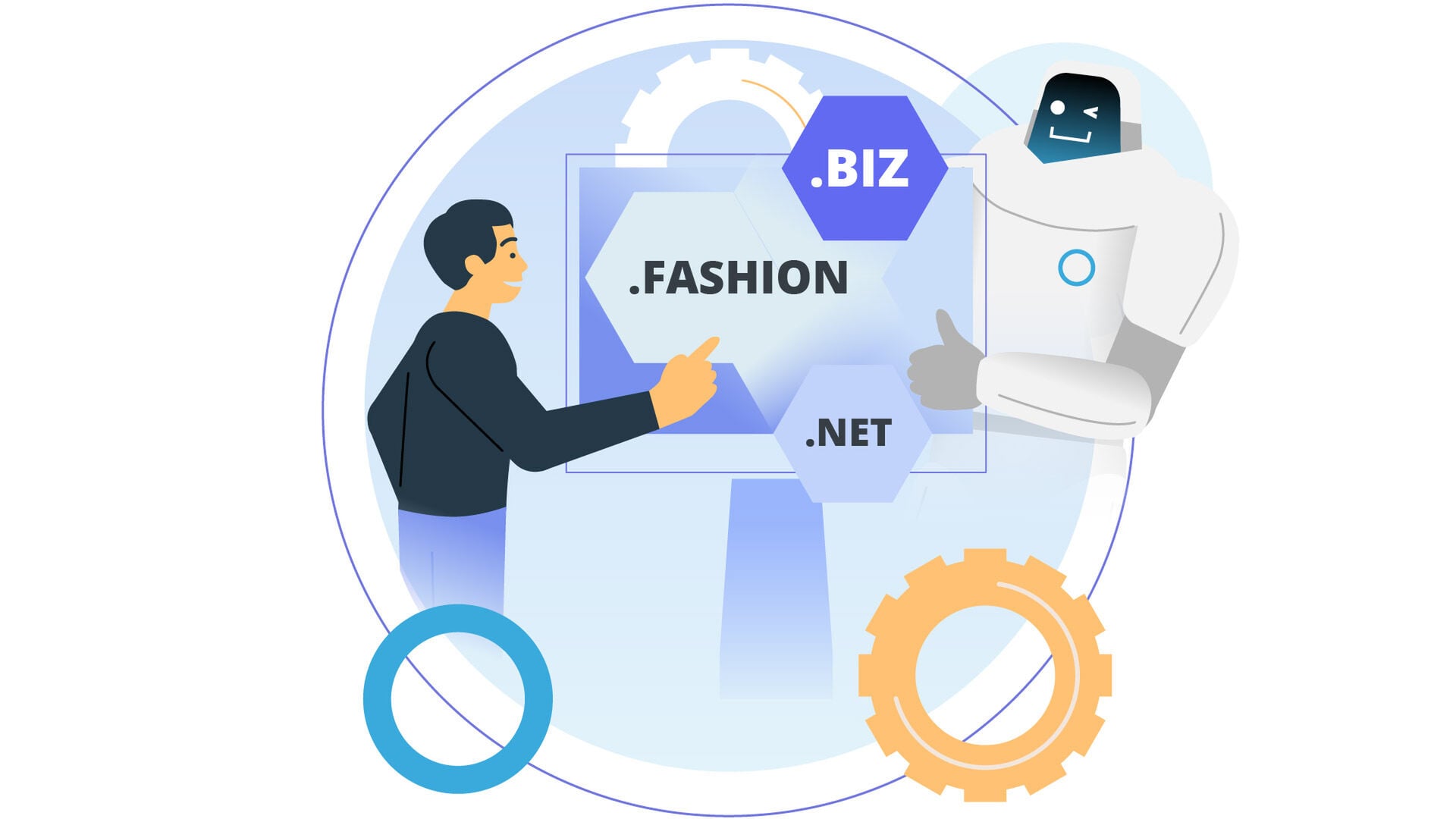 Illustration of a person and a friendly robot choosing domain extensions like .FASHION, .BIZ, and .NET on a large screen.