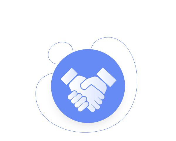 Blue circular icon with a white handshake symbol, surrounded by a thin abstract line doodle on a white background