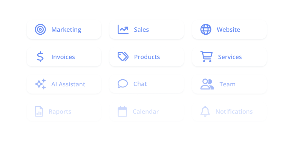 Dashboard menu with rounded white tiles showing blue icons and labels like Marketing, Sales, Website, Invoices, Products, Services, AI Assistant, Chat, Team, Reports, Calendar, Notifications.