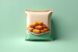 Snack package with photo of golden chicken nuggets on a tray against a mint green background.