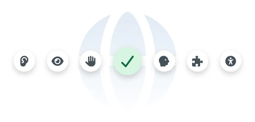 Row of circular accessibility icons around a central green checkmark, set over a faint globe graphic.