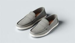 Pair of gray slip-on loafers with white rubber soles on a light gray background.