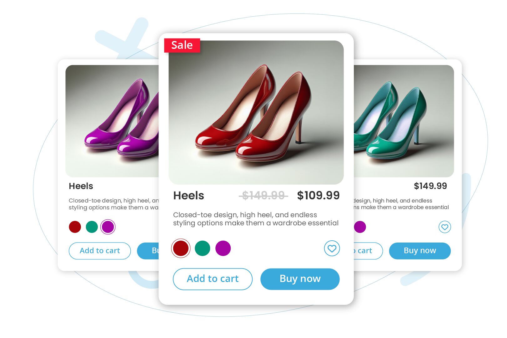 E-commerce product cards displaying high-heel shoes in different colors with pricing, sale badge, color swatches, and action buttons.