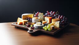 Artful cheese board with assorted cheeses, grapes, crackers, and honey on a wooden serving tray against a dark background.