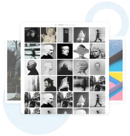 Layered mockups of portfolio gallery pages showing a grid of black‑and‑white, motion‑blur portrait photography, framed by soft blue circular graphics.