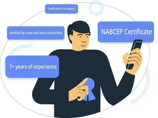Flat illustration of a person holding a smartphone with certification badges around them, highlighting credentials like NABCEP Certificate, 7+ years of experience, and verification by authorities.