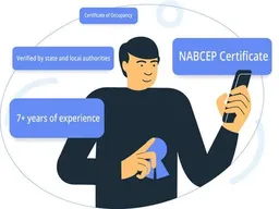 Flat illustration of a person holding a smartphone with certification badges around them, highlighting credentials like NABCEP Certificate, 7+ years of experience, and verification by authorities.