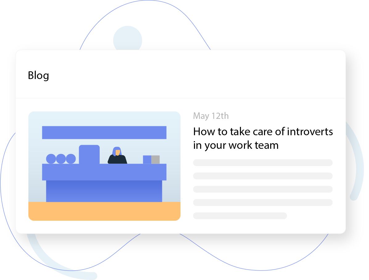 Blog card UI with an illustration on the left and a post preview on the right titled “How to take care of introverts in your work team," dated May 12th.