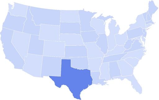 Map of the United States with Texas highlighted in a darker blue than the other states.