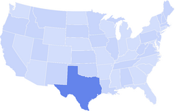 Map of the United States with Texas highlighted in a darker blue than the other states.