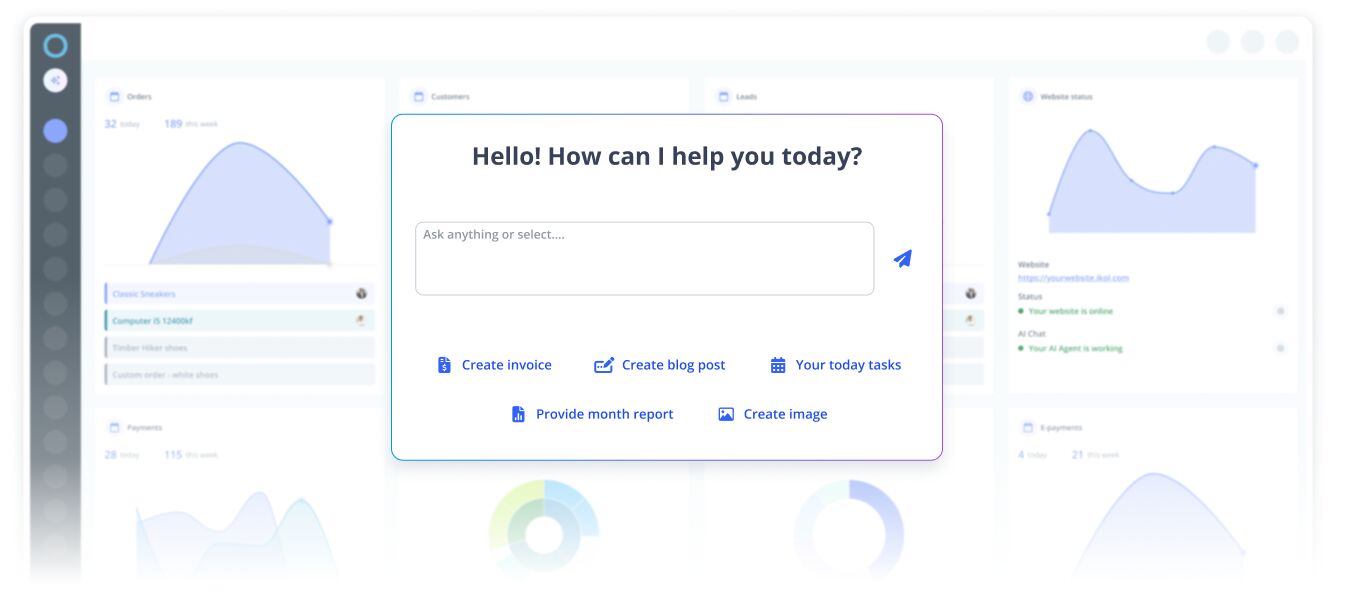 Dashboard UI with central assistant prompt and quick action buttons