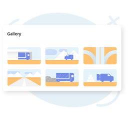 UI card labeled Gallery showing six flat illustrations of trucks, roads, and landscapes.
