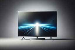 Modern flat-screen TV displaying a futuristic blue light streak effect with a bright white glow at the horizon, placed on a minimalist stand in a clean, softly lit room.