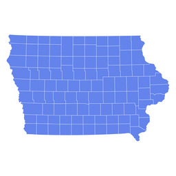 Blank blue map of the U.S. state of Iowa showing county boundaries on a white background.