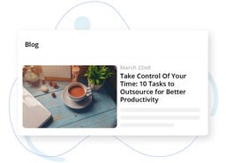 Blog card UI showing article titled Take Control Of Your Time with coffee cup, plant, and desk flat lay