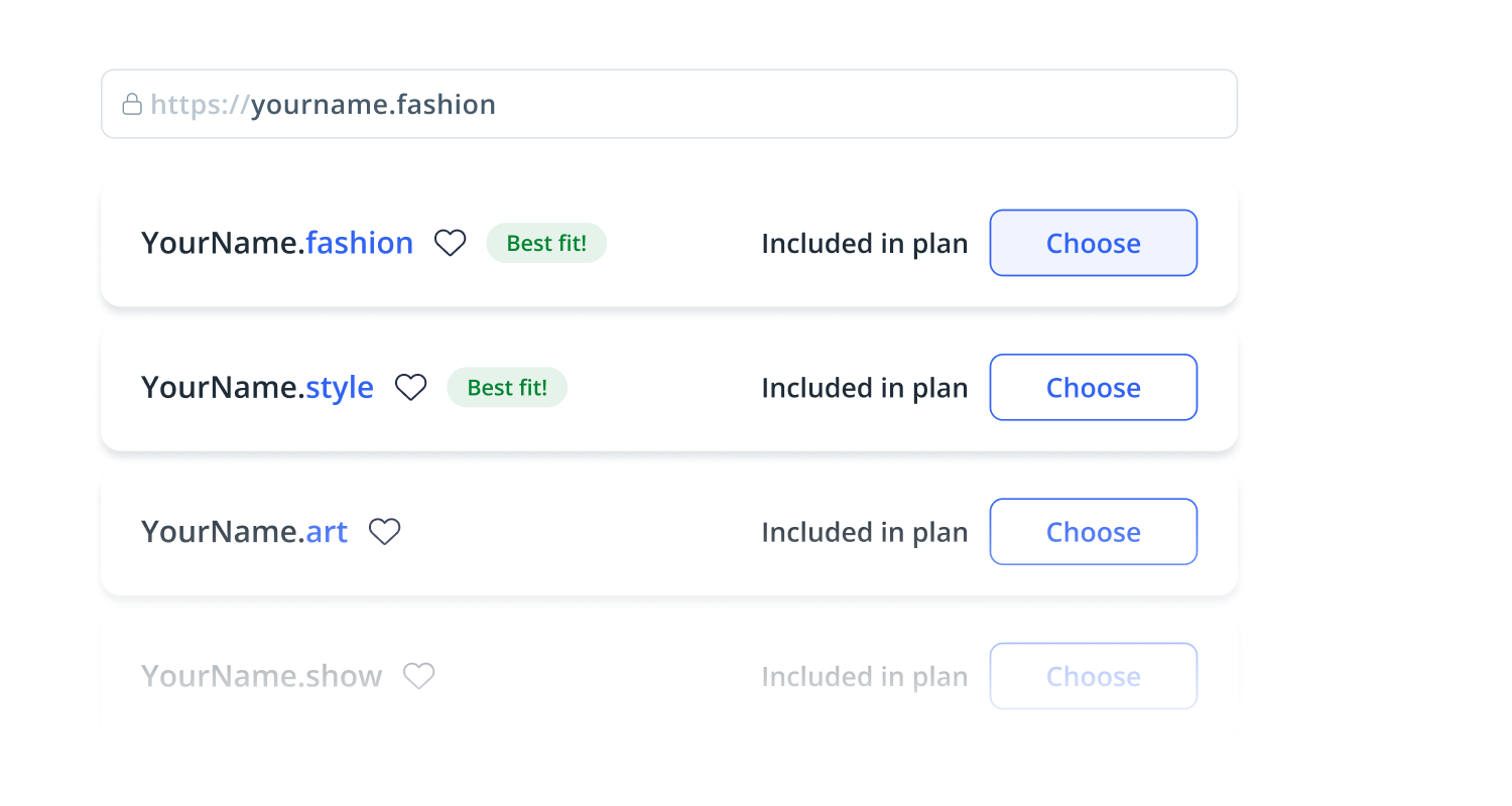 Domain selection interface showing options like YourName.fashion, YourName.style, YourName.art with 'Included in plan' and 'Choose' buttons, plus a dimmed YourName.show option.