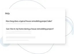 Minimal UI card showing an FAQs section with two house remodeling questions on a white rounded panel over an abstract blue background.
