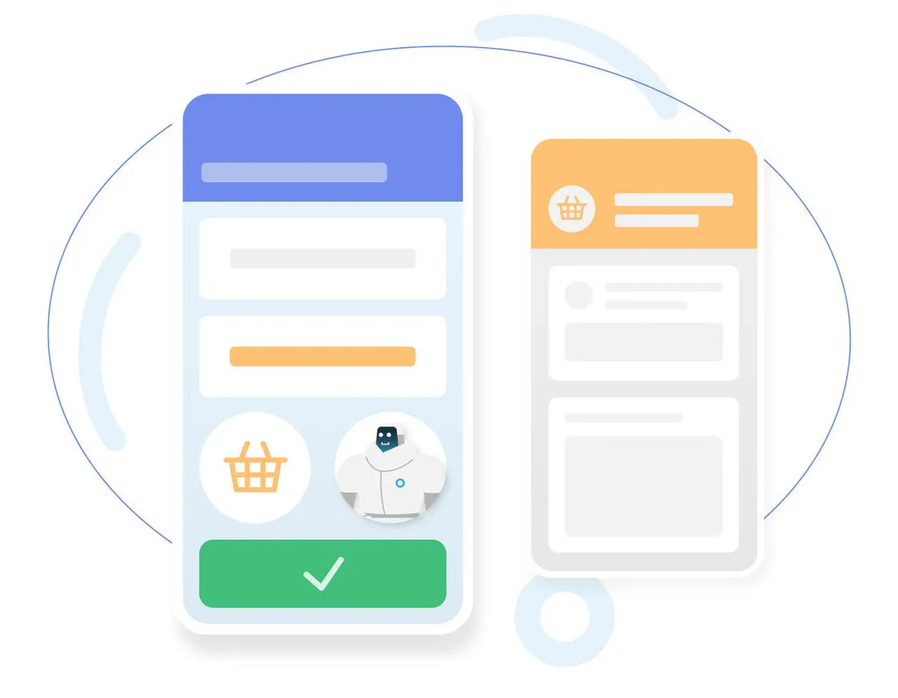 Illustrated mobile checkout UI screens with shopping icons and confirmation button.