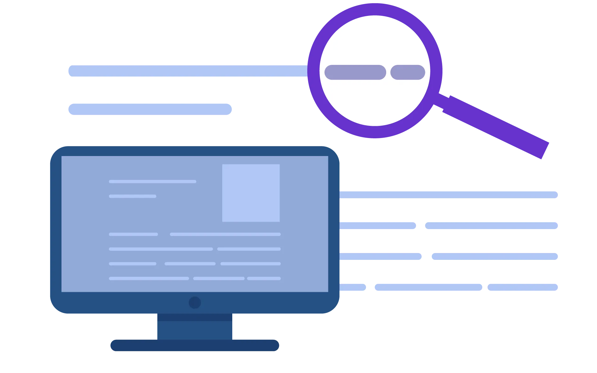 Illustration of SEO content concept with a computer monitor and a magnifying glass highlighting text lines.