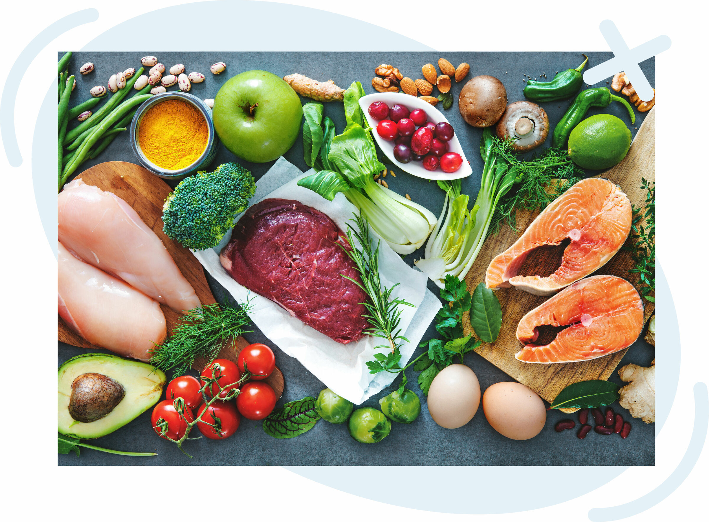 Flat lay of fresh healthy foods including raw salmon steaks, beef, chicken breasts, eggs, cherry tomatoes, avocado, broccoli, bok choy, green beans, Brussels sprouts, mushrooms, herbs, cranberries, nuts, lime, spices, and other produce on a gray surface w