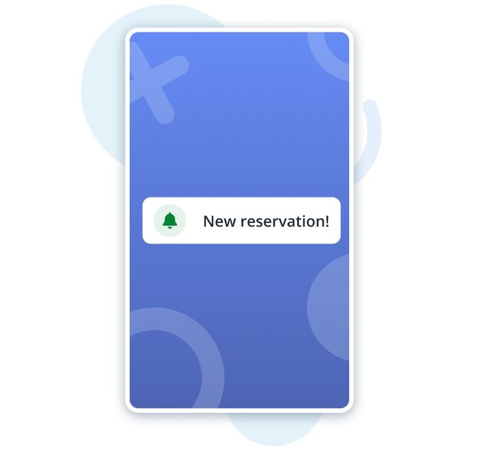 Smartphone-style notification saying 'New reservation!' on a blue gradient card with rounded corners.