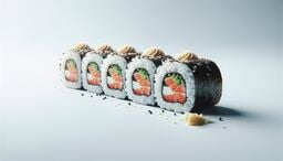 Row of five sushi rolls with salmon, avocado, and rice, topped with sesame seeds and a swirl of sauce on a minimalist light background.