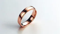 Rose gold wedding band with a minimalist grooved design on a light background