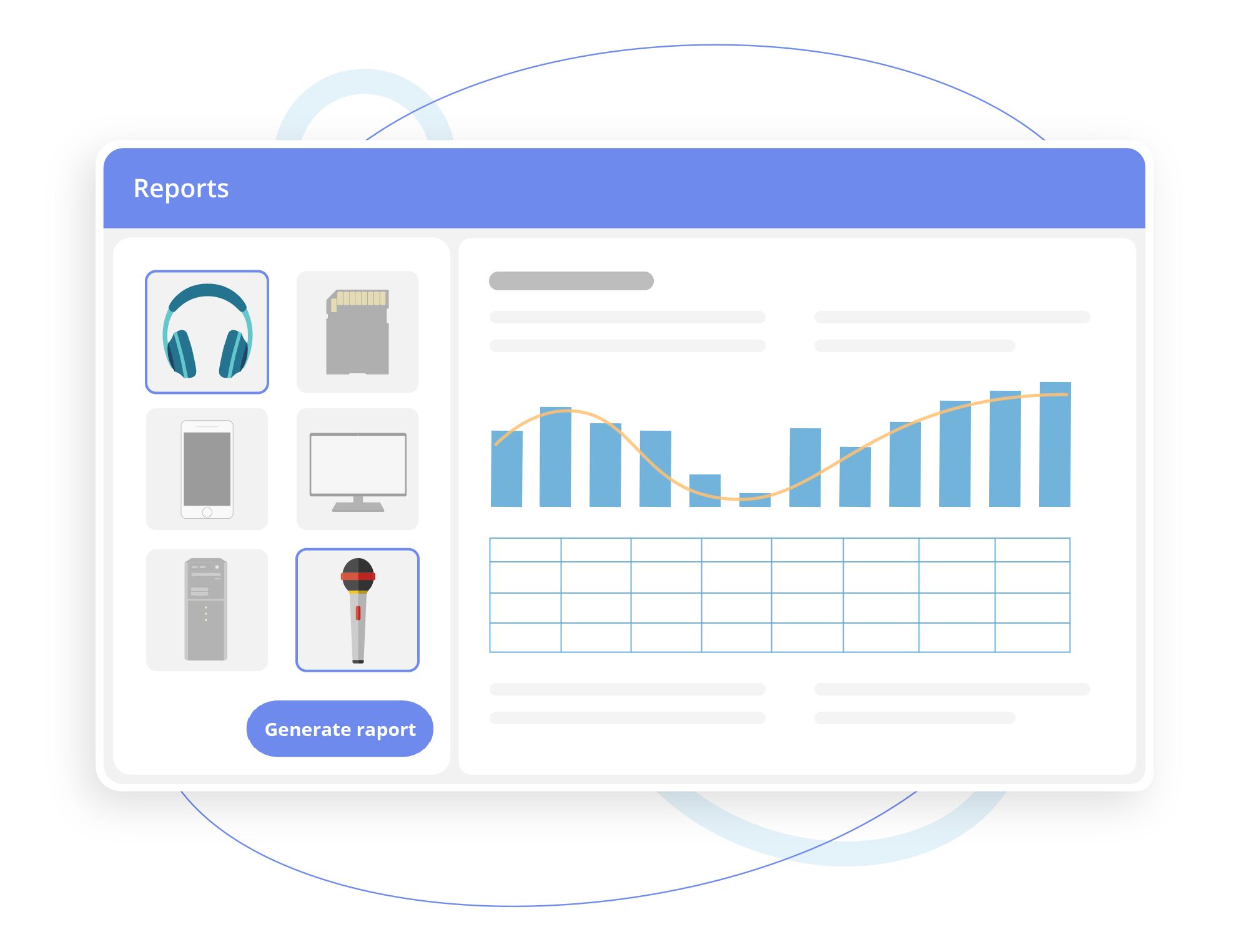 Dashboard-style UI illustrating a Reports page with product icons on the left and charts on the right.