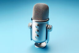 Silver desktop condenser microphone with mesh grille and control knobs on a minimal light blue background.