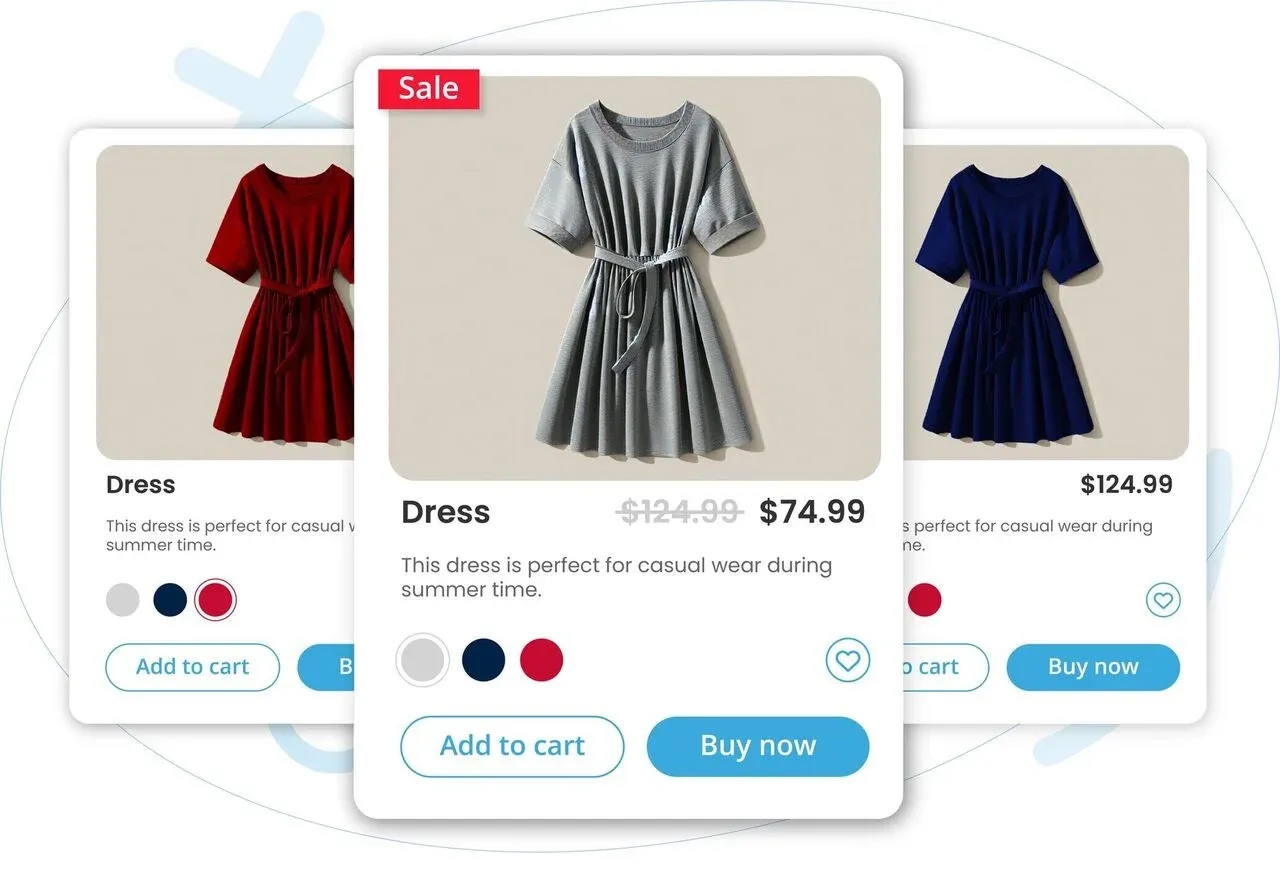 Ecommerce product card UI showing dresses with sale pricing and purchase buttons.