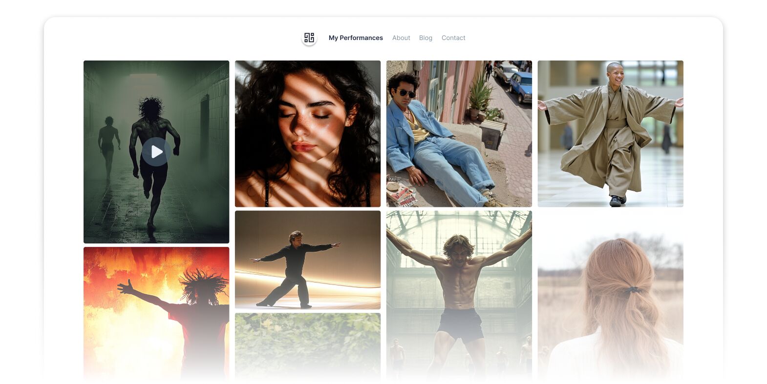 Grid gallery of diverse performance-themed photos on a clean portfolio webpage.
