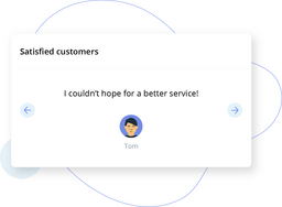Testimonial card titled Satisfied customers showing a quote and avatar.