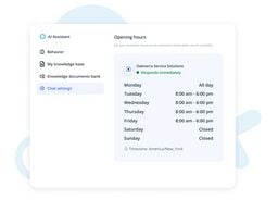 Interface screen showing AI Assistant chat settings with business opening hours schedule for Oaknerra Service Solutions.