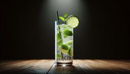 Tall glass of sparkling mojito-style drink with mint leaves and lime slices on a wooden table under a spotlight, against a dark background.