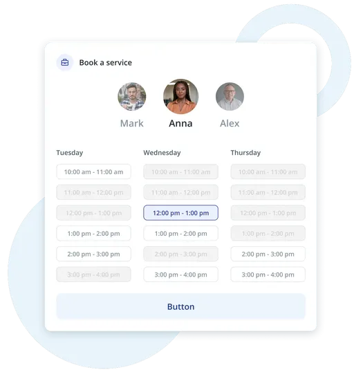 Booking interface shows service providers and available time slots for a midweek appointment selection.