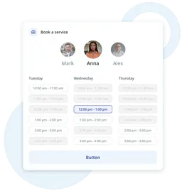 Booking interface shows service providers and available time slots for a midweek appointment selection.