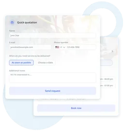 UI mockup of a quick quotation form overlay with fields for name, email, phone number, delivery time, and additional notes, plus a Send request button.