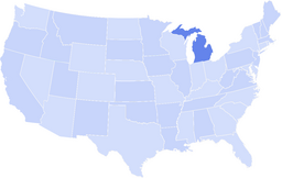 Map of the United States with the state of Michigan highlighted in a darker blue.