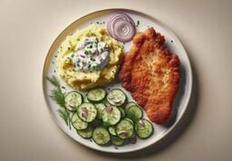 Plate with breaded fried cutlet, mashed potatoes topped with creamy herb sauce and chives, cucumber salad with dill and red onion slices, and a few onion rings.