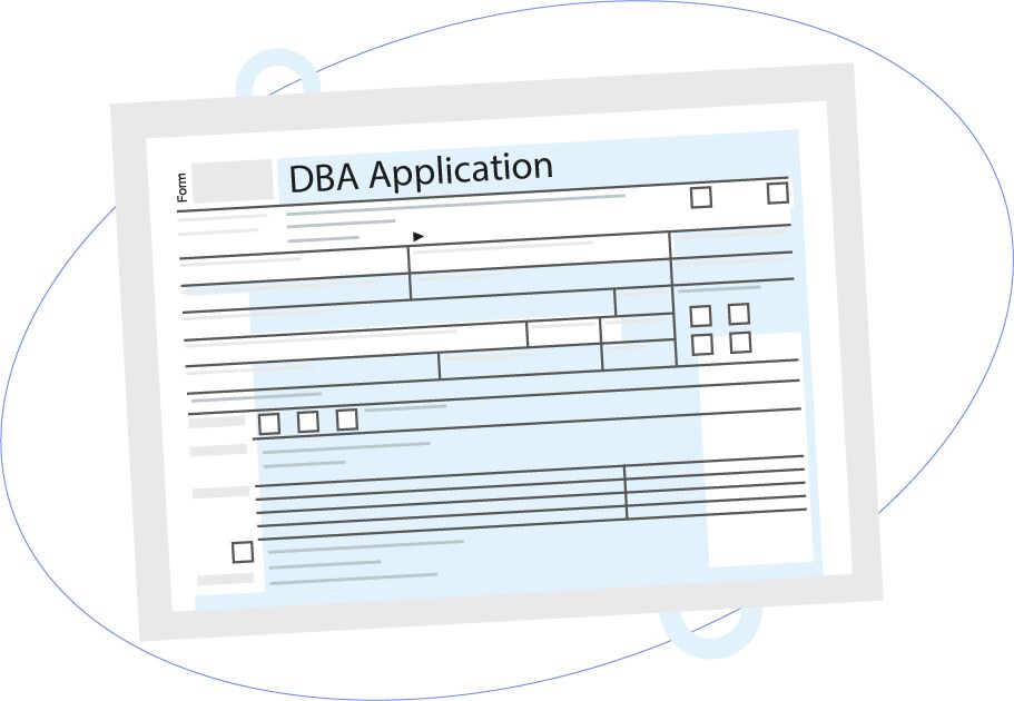 Illustration of a paper form titled 'DBA Application' with lines, boxes, and checkboxes.