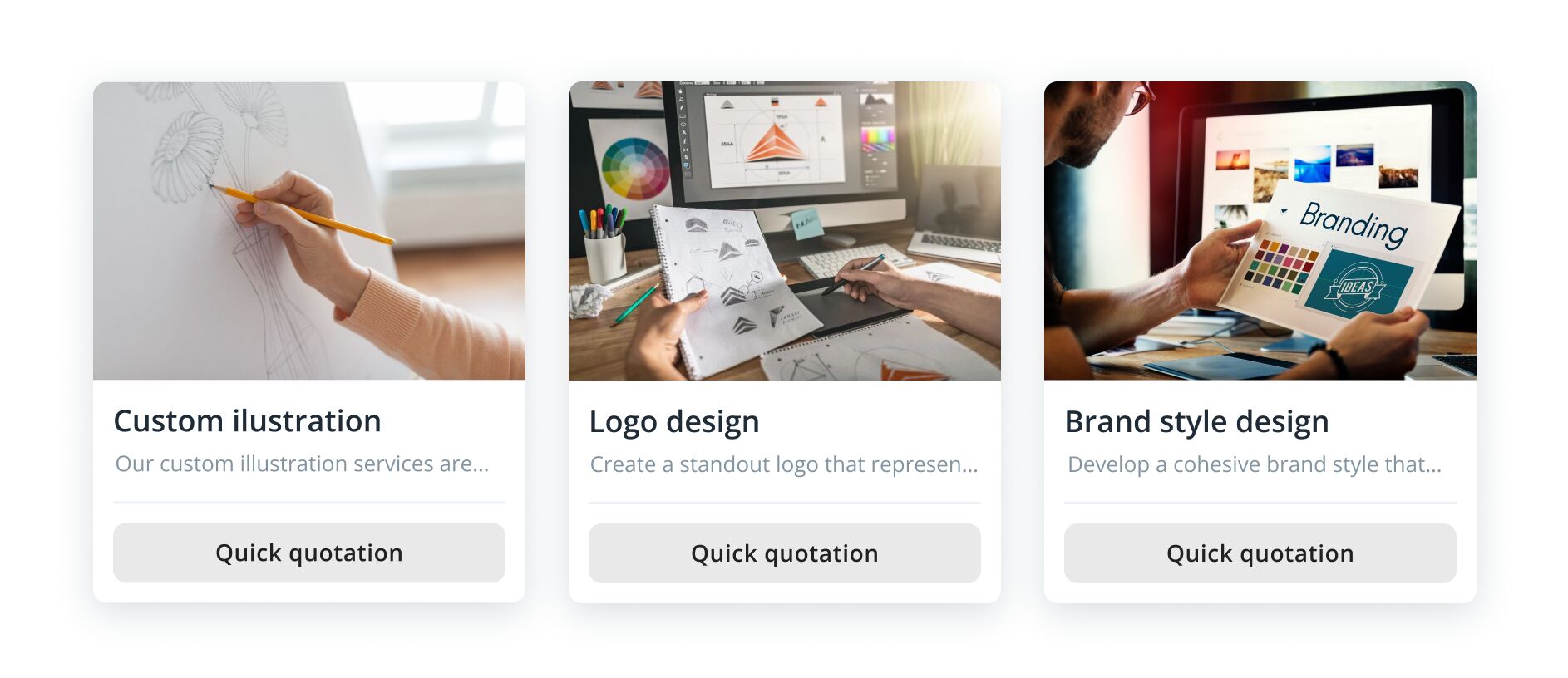 Three service cards for creative design: custom illustration, logo design, and brand style design, each with a photo and a 'Quick quotation' button.