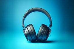Sleek over-ear headphones standing upright on a bright blue background with soft studio lighting.