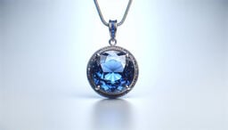 Elegant blue gemstone pendant on a chain, featuring a faceted round stone set in an ornate metal bezel against a soft light background.