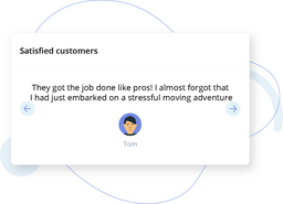 Testimonial card titled Satisfied customers with a quote and avatar named Tom, flanked by left and right arrow buttons.