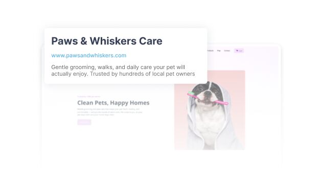 Website preview card for a pet care service called Paws & Whiskers Care, overlaid on a blurred webpage featuring a dog in a hoodie holding a toothbrush.
