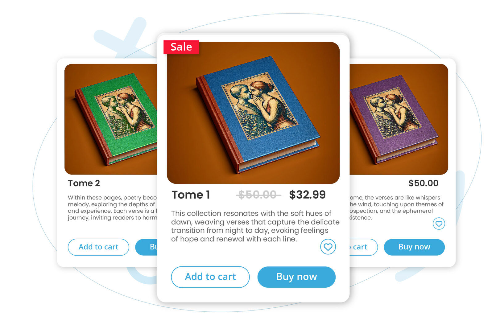 E-commerce product cards displaying illustrated hardcover books titled Tome 1, Tome 2, and another tome, with images, prices, descriptions, and Add to cart/Buy now buttons. Tome 1 is highlighted with a Sale tag and discounted price.