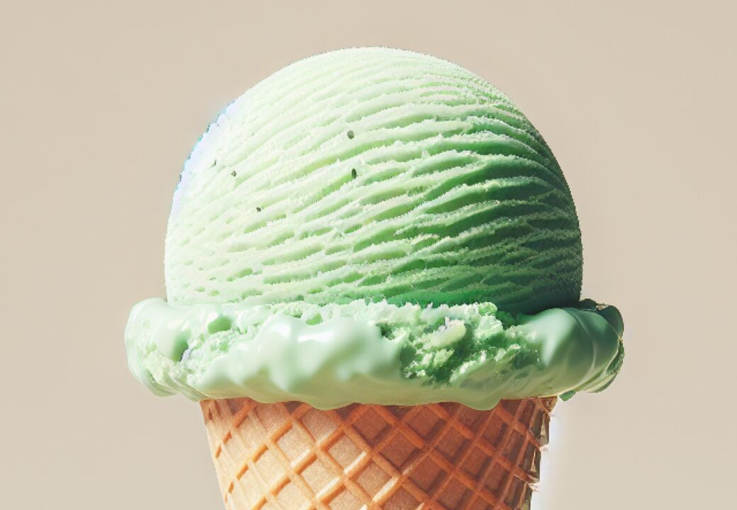 Close-up of a mint-green ice cream scoop on a waffle cone against a neutral background